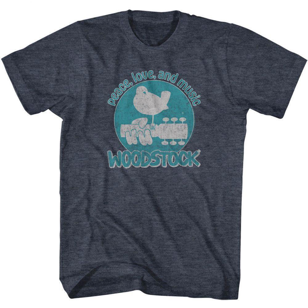 Woodstock Peace Love And Music Navy Heather Adult T Shirt